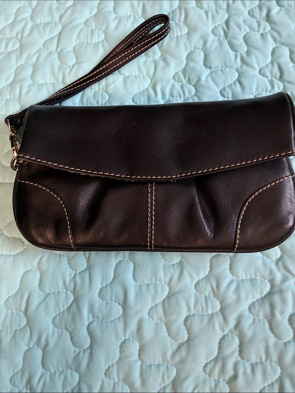 Dark Brown Leather Wristlet Clutch with Top Flap